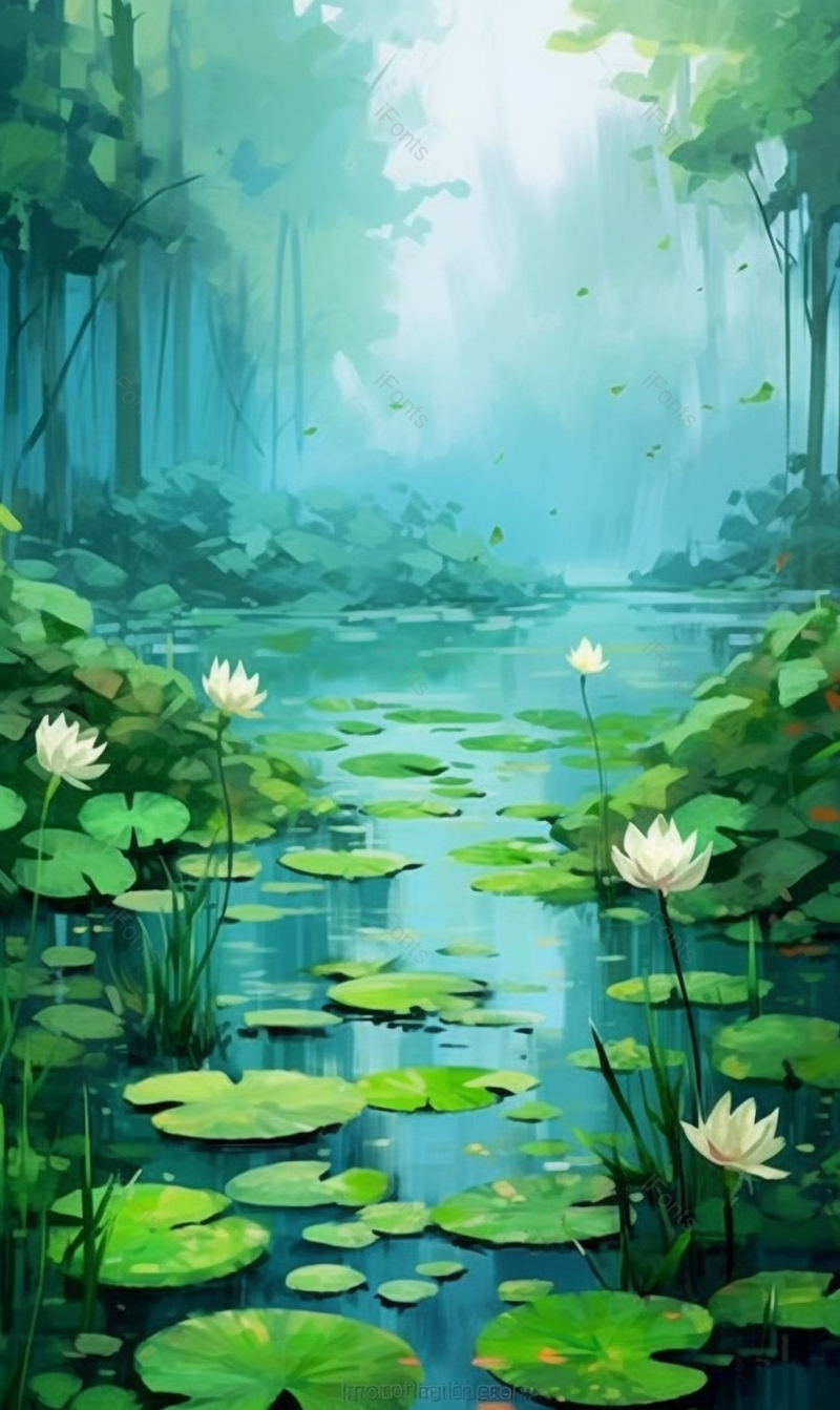 二十四节气夏至夏季森林中小河荷花荷叶开花绿色插画,插画/手绘图,插画/手绘图库,插画/手绘图下载,插画/手绘